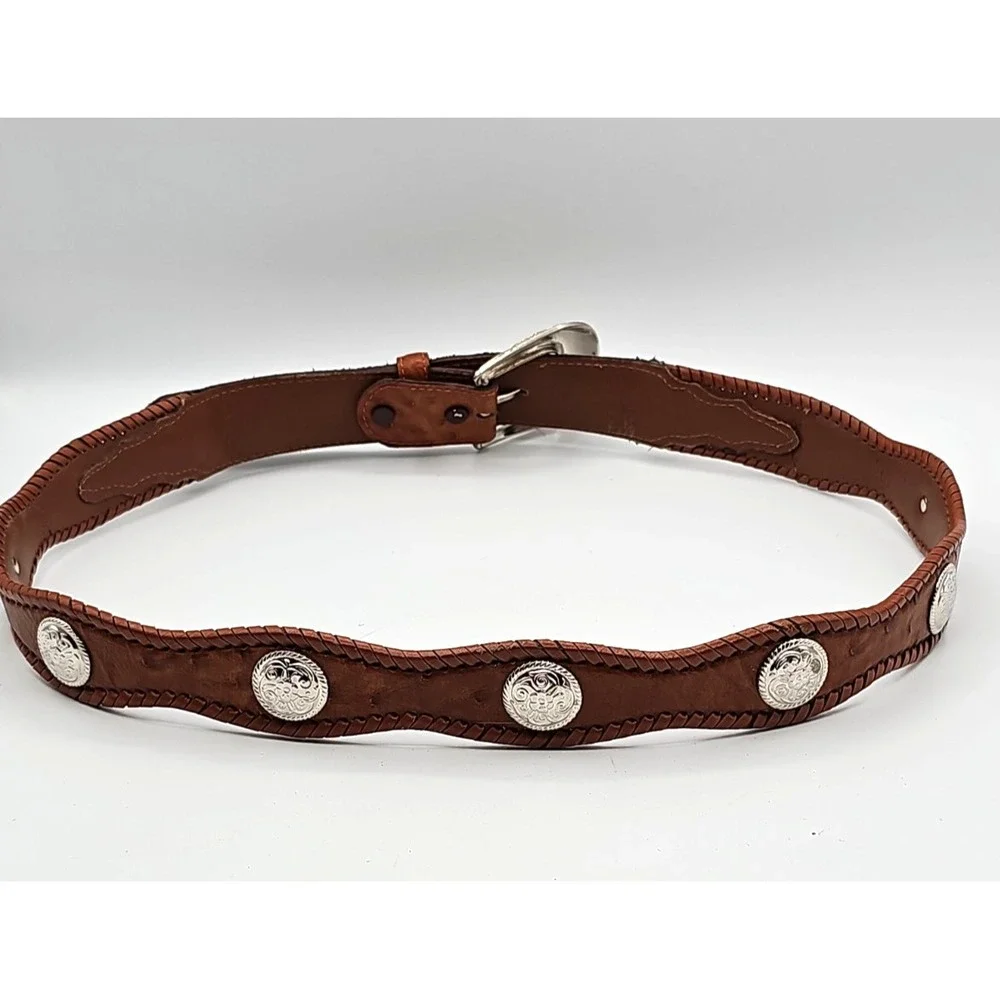 Vintage Western Brown Leather Belt Silver Conchos Ornate Buckle 38-42